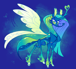 Size: 2048x1868 | Tagged: safe, artist:bishopony, derpibooru import, queen chrysalis, changedling, changeling, g4, a better ending for chrysalis, abdomen, abstract background, alternate design, blue body, blue eyelashes, blue mane, blue sclera, blush scribble, blushing, bug anatomy, carapace, changedling queen, cheek fluff, cloven hooves, colored eyelashes, colored hooves, colored horntip, colored pinnae, colored pupils, colored sclera, colored wings, ear fluff, ears, eyelashes, female, gradient horn, gradient legs, green blush, green eyes, green pupils, halftone, heart horn, hooves, horn, insect wings, long eyelashes, long horn, long mane, long neck, looking back, no mouth, probiscus, purified chrysalis, redesign, redraw, requested art, screentone, segmented body, segmented legs, shiny body, shiny eyes, shiny mane, slender, solo, spread wings, standing, stinger, straight mane, tall ears, thin, thin legs, white hooves, wing markings, wings