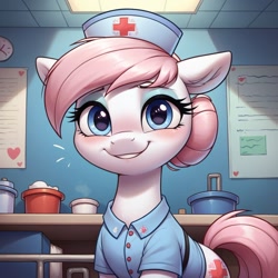 Size: 1024x1024 | Tagged: safe, ai content, derpibooru import, generator:pony diffusion v6 xl, generator:stable diffusion, machine learning generated, nurse redheart, earth pony, pony, g4, blue eyes, blue eyeshadow, clothes, ears, eyeshadow, female, floppy ears, hospital, makeup, pink mane, prompter:nuggies, smiling, solo