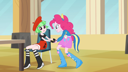 Size: 1280x720 | Tagged: safe, derpibooru import, screencap, drama letter, pinkie pie, watermelody, equestria girls, g4, beret, boots, cafeteria, chair, duo, duo female, female, hat, helping twilight win the crown, holding hands, my little pony equestria girls, shoes, wondercolt ears, wondercolt tail, wondercolts uniform