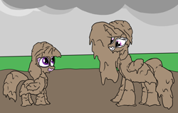 Size: 2000x1280 | Tagged: safe, artist:amateur-draw, derpibooru import, princess celestia, twilight sparkle, twilight sparkle (alicorn), alicorn, g4, boots, clothes, covered in mud, duo, female, hat, looking at each other, looking at someone, mare, mud, mud bath, mud pony, muddy, pvc, rain boots, raincoat, rubber, shoes, smiling, smiling at each other