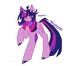 Size: 2021x1763 | Tagged: safe, artist:emoboy130, derpibooru import, twilight sparkle, unicorn twilight, pony, unicorn, g4, ahoge, alternate cutie mark, blue hooves, coat markings, colored hooves, colored pinnae, facial markings, female, hoof polish, hooves, horn, long legs, looking away, mare, outline, pentagram, purple text, raised hoof, raised leg, shiny hooves, signature, simple background, slit eyes, sparkly mane, sparkly tail, standing, standing on three hooves, star (coat marking), tail, text, twilight sparkle is not amused, unamused, whatever, white background