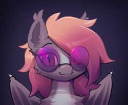 Size: 2088x1708 | Tagged: safe, artist:vensual99, derpibooru import, oc, oc only, oc:athanasia, bat pony, bust, fangs, female, glasses, portrait, solo