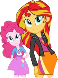 Size: 1887x2520 | Tagged: safe, derpibooru import, edit, edited screencap, editor:homersimpson1983, screencap, pinkie pie, sunset shimmer, human, equestria girls, g4, background removed, clothes, duo, duo female, female, jacket, not a vector, shirt, simple background, skirt, transparent background, vest