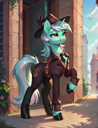 Size: 1000x1296 | Tagged: safe, ai content, derpibooru import, machine learning generated, lyra heartstrings, pony, unicorn, g4, clothes, cutie mark on clothes, detective, fedora, female, hat, horn, prompter:ilager, raised hoof, raised leg, solo