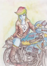 Size: 516x719 | Tagged: safe, artist:daisymane, derpibooru import, rainbow dash, human, equestria girls, g4, boots, clothes, female, jacket, leather, leather jacket, motorcycle, shoes, solo, traditional art, watercolor painting