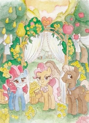 Size: 467x640 | Tagged: safe, artist:daisymane, derpibooru import, burnt oak, cup cake, mayor mare, earth pony, pony, g4, the perfect pear, apple, apple tree, female, looking at you, male, mare, pear tree, stallion, traditional art, tree, trio, watercolor painting