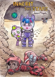 Size: 452x631 | Tagged: safe, artist:daisymane, derpibooru import, spike, twilight sparkle, dragon, pony, unicorn, g4, bone, duo, duo male and female, female, horn, male, mare, skeleton, spaceship, spacesuit, text, traditional art, watercolor painting