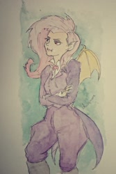 Size: 1477x2217 | Tagged: safe, artist:daisymane, derpibooru import, fluttershy, bat pony, human, g4, bat ponified, clothes, crossed arms, flutterbat, humanized, race swap, solo, suit, traditional art, watercolor painting, winged humanization, wings