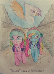 Size: 1501x2048 | Tagged: safe, artist:daisymane, derpibooru import, gilda, pinkie pie, rainbow dash, earth pony, griffon, pegasus, pony, g4, the lost treasure of griffonstone, hat, traditional art, trio, watercolor painting