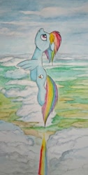 Size: 1031x2048 | Tagged: safe, artist:daisymane, derpibooru import, rainbow dash, pegasus, pony, g4, female, flying, looking up, mare, sky, solo, traditional art, watercolor painting, windswept mane