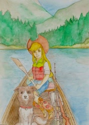 Size: 504x707 | Tagged: safe, artist:daisymane, derpibooru import, applejack, winona, dog, human, g4, boat, duo, fishing rod, gun, humanized, lake, lifejacket, looking at you, oar, rifle, traditional art, water, watercolor painting, weapon