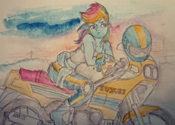 Size: 2048x1463 | Tagged: safe, artist:daisymane, derpibooru import, rainbow dash, human, equestria girls, g4, cigarette, female, frown, helmet, motorcycle, smoking, solo, traditional art, watercolor painting