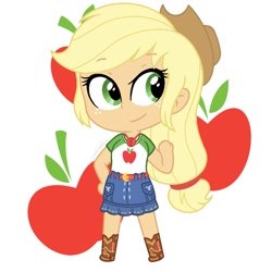 Size: 1080x1080 | Tagged: safe, artist:imtailsthefoxfan, derpibooru import, applejack, human, equestria girls, g4, chibi, cutie mark, cutie mark background, simple background, solo, white background