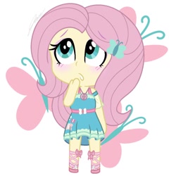 Size: 1080x1080 | Tagged: safe, artist:imtailsthefoxfan, derpibooru import, fluttershy, human, equestria girls, g4, blushing, chibi, cutie mark, cutie mark background, simple background, solo, white background