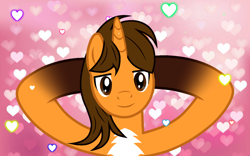 Size: 1354x846 | Tagged: safe, artist:friendlytom1304, derpibooru import, oc, oc only, oc:ej, alicorn, g4, alicorn oc, heart, heart background, hooves behind head, horn, male, solo, stallion, wings