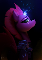 Size: 3508x4961 | Tagged: safe, artist:harukiicat, derpibooru import, tempest shadow, pony, unicorn, g4, armor, broken horn, bust, female, horn, looking at you, looking back, looking back at you, magic, portrait, scar, solo, sparking horn, tail