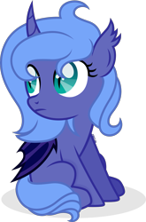 Size: 1915x2908 | Tagged: safe, artist:cirillaq, derpibooru import, princess luna, alicorn, bat pony, bat pony alicorn, g4, bat wings, curved horn, female, filly, foal, horn, race swap, simple background, solo, transparent background, vector, wings, woona, younger