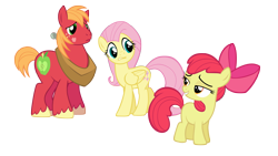 Size: 4000x2250 | Tagged: safe, anonymous artist, derpibooru import, apple bloom, big macintosh, fluttershy, earth pony, pegasus, pony, brotherhooves social, g4, caught, character swap, female, filly, fluttermac, foal, grin, gritted teeth, high res, kiss mark, lidded eyes, lipstick, male, mare, shipping, simple background, smiling, smirk, stallion, straight, teeth, transparent background, trio, vector