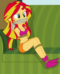 Size: 2000x2491 | Tagged: safe, artist:nie-martw-sie-o-mnie, derpibooru import, part of a set, sunset shimmer, human, equestria girls, g4, arm behind back, belly, belly button, bondage, bound and gagged, boyshorts, bra, cloth gag, clothes, feet, female, femsub, gag, panties, rope, rope bondage, sitting, socks, sofa, solo, stocking feet, submissive, subset, underwear