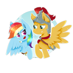 Size: 2000x2000 | Tagged: safe, artist:kathepart, derpibooru import, flash magnus, rainbow dash, pegasus, g4, armor, cute, dashabetes, duo, duo male and female, female, feminism, magnusbetes, male, rainbow sass, simple background, transparent background