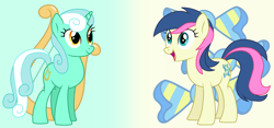 Size: 3236x1512 | Tagged: safe, artist:cmors12, derpibooru import, bon bon, lyra heartstrings, sweetie drops, earth pony, pony, unicorn, g4, alternate hairstyle, cutie mark, cutie mark background, duo, duo female, female, gradient background, horn, lesbian, lyrabon, mane swap, mare, palette swap, recolor, shipping