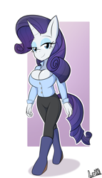 Size: 527x919 | Tagged: safe, artist:luckster1234, artist:lukki, artist:lukki_twi, derpibooru import, rarity, anthro, unicorn, g4, big breasts, breasts, cleavage, clothes, female, horn, lidded eyes, passepartout, raritits, solo