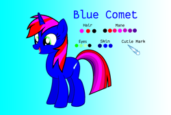 Size: 2062x1393 | Tagged: safe, derpibooru import, oc, oc only, oc:blue comet, pony, unicorn, g4, female, gradient background, horn, mare, reference sheet, solo