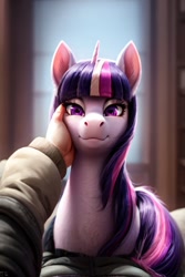 Size: 512x768 | Tagged: safe, ai content, derpibooru import, machine learning generated, twilight sparkle, unicorn twilight, human, pony, unicorn, g4, human on pony petting, petting, realistic