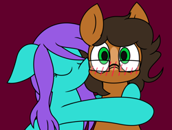 Size: 2772x2110 | Tagged: safe, artist:derpyalex2, derpibooru import, oc, oc only, oc:notetaker, oc:swing time, earth pony, pony, unicorn, blush lines, blushing, blushing profusely, commission, digital art, glasses, horn, hug, kiss on the cheek, kissing, simple background, ych result