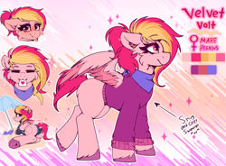 Size: 3800x2800 | Tagged: safe, artist:legionsunite, derpibooru import, oc, oc:velvet volt, pegasus, pony, bandana, butt, clothes, emotes, plot, reference, reference sheet, sign, sitting, smiling, smirk, sweater, swimsuit, text