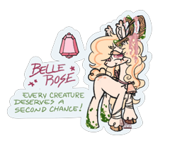 Size: 2048x1658 | Tagged: safe, artist:cingulomana, derpibooru import, part of a set, oc, oc:belle rose, hybrid, original species, pony, accessory, bandaid, bandaid on nose, bell, blonde, blonde mane, blonde tail, brown hooves, bunny ears, bunny tail, butt freckles, cloven hooves, colored eartips, colored eyebrows, colored hooves, colored horns, colored pupils, cowbell, cream coat, cream eyeshadow, curly hair, curly mane, curly tail, ear fluff, ear tufts, ears, element of harmony, eye clipping through hair, eyebrows, eyebrows visible through hair, eyelashes, eyeshadow, female, female oc, freckles, green text, hooves, horns, jackalope, jackalope pony, leg markings, lidded eyes, makeup, mare, mare oc, outline, pink eyes, pink pupils, profile, rabbit pony, red text, shiny hooves, simple background, smiling, solo, standing, starry eyes, striped mane, striped tail, tail, tall ears, text, transparent background, watermark, wingding eyes