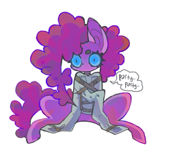 Size: 851x822 | Tagged: safe, artist:cutesykill, derpibooru import, pinkie pie, earth pony, pony, g4, beanbrows, big ears, blue eyes, blue sclera, bondage, bound, colored eyebrows, colored pinnae, colored sclera, curly hair, curly mane, curly tail, dialogue, ears, eyebrows, eyelashes, female, glowing, glowing eyes, long legs, long mane, long tail, looking down, mare, no catchlights, no mouth, pink coat, pink mane, pink tail, pinkamena diane pie, simple background, sitting, slit eyes, solo, speech bubble, straitjacket, tail, tall ears, text, thick eyelashes, this did not end well, whispering, white background, wide eyes