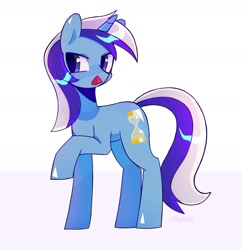 Size: 1642x1693 | Tagged: safe, artist:sillyp0ne, derpibooru import, minuette, pony, unicorn, g4, blue coat, blue pupils, colored pupils, female, horn, looking away, looking offscreen, mare, open mouth, open smile, purple eyes, raised hoof, raised leg, shiny coat, shiny ears, shiny eyes, shiny hooves, shiny mane, shiny tail, signature, smiling, solo, standing, standing on three hooves, tail, two toned background, two toned mane, two toned tail, unicorn horn