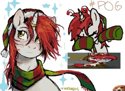 Size: 635x463 | Tagged: safe, artist:tarsaqus, derpibooru import, oc, oc only, pony, unicorn, christmas, clothes, dab, digital art, female, holiday, horn, horn ring, mare, pixel art, ring, scarf, socks, solo, striped scarf, striped socks, unicorn oc