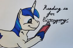 Size: 2048x1361 | Tagged: safe, artist:hoofclid, derpibooru import, shining armor, pony, unicorn, g4, book, hoof hold, horn, lying down, male, marker drawing, prone, reading, smiling, solo, stallion, traditional art