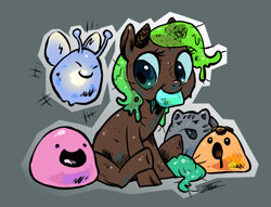 Size: 2520x1926 | Tagged: safe, artist:amarantastar, derpibooru import, oc, oc only, goo, goo pony, original species, pony, female, horns, mare, mouth hold, sitting, slime, slime rancher