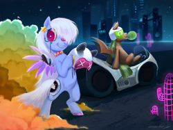 Size: 1280x957 | Tagged: safe, artist:amarantastar, derpibooru import, oc, oc only, bat pony, pegasus, pony, amputee, artificial wings, augmented, bipedal, bubblegum, chest fluff, choker, city, cityscape, duo, female, food, futuristic, gum, helmet, mare, motorcycle, night, prosthetic limb, prosthetic wing, prosthetics, science fiction, spiked choker, stars, wings