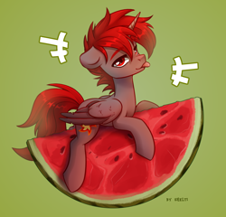 Size: 2080x2000 | Tagged: safe, artist:shelti, derpibooru import, oc, oc only, oc:hardy, alicorn, pony, :p, alicorn oc, folded wings, food, full body, high res, horn, looking at you, male, ponies in food, solo, stallion, tongue, tongue out, watermelon, wings