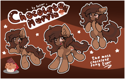 Size: 3000x1900 | Tagged: safe, artist:rejiser, derpibooru import, oc, oc only, oc:chocolate muffin, earth pony, pony, brown background, butt, chest fluff, chocolate, cute, cutie mark, ear fluff, ears, eyelashes, featureless crotch, female, food, gradient background, looking at you, mare, muffin, open mouth, plot, reference sheet, simple background, smiling, smiling at you, tail, text, tongue, tongue out