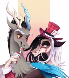 Size: 3610x4096 | Tagged: safe, artist:gkolae, derpibooru import, discord, oc, draconequus, g4, bust, draconequus oc, duo, hat, high res, looking at each other, looking at someone, male, portrait