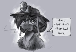 Size: 1248x855 | Tagged: safe, artist:reddthebat, derpibooru import, oc, oc only, oc:number nine, earth pony, pony, bust, cigarette, dialogue, ears, female, floppy ears, gray background, grayscale, helmet, mare, mining helmet, monochrome, simple background, smoking, solo, speech bubble, talking to viewer