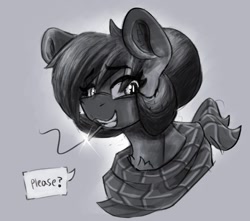 Size: 974x861 | Tagged: safe, artist:reddthebat, derpibooru import, oc, oc only, oc:number nine, earth pony, pony, bandana, bust, cigarette, dialogue, female, gray background, grayscale, lidded eyes, mare, monochrome, open mouth, open smile, simple background, smiling, smoking, solo, speech bubble, talking to viewer