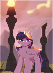 Size: 1100x1500 | Tagged: safe, artist:glazirka, derpibooru import, twilight sparkle, twilight sparkle (alicorn), alicorn, pony, g4, blurry background, cheek fluff, chest fluff, cloud, female, folded wings, looking at you, mare, mountain, overcast, sky, solo, standing, torch, wings