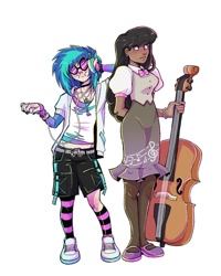 Size: 1080x1350 | Tagged: safe, artist:iridescentglow, derpibooru import, dj pon-3, octavia melody, vinyl scratch, human, g4, blushing, bowtie, bracelet, cello, choking, clothes, cute, dark skin, demigirl, demigirl pride flag, duo, duo female, ear piercing, earring, female, headphones, humanized, ipod, jacket, jewelry, lesbian, lip piercing, mary janes, musical instrument, nail polish, necktie, nonbinary, nonbinary pride flag, nose piercing, nose ring, piercing, pride, pride flag, scratchtavia, shipping, shoes, short, shorts, simple background, skirt, snake bites, socks, stockings, striped socks, tavibetes, thigh highs, vest, vinylbetes, white background