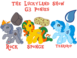 Size: 1032x774 | Tagged: safe, artist:meghan12345, derpibooru import, earth pony, pegasus, pony, g3, cap, cutie mark, female, hat, male, mare, ponified, raised hoof, raised leg, rock (the luckyland show), simple background, smiling, species swap, sponge (the luckyland show), spread wings, stallion, teardrop (the luckyland show), the luckyland show, transparent background, trio, wings