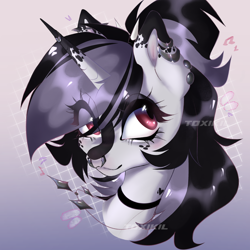 Size: 3000x3000 | Tagged: safe, artist:toxikil, derpibooru import, oc, oc only, oc:blitz chord, unicorn, abstract background, blushing, choker, ear piercing, earring, gradient background, horn, horn ring, jewelry, necklace, nose piercing, piercing, ponytail, ring, solo, spots, spotted, two toned mane, wingding eyes