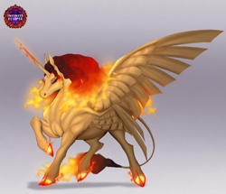 Size: 2646x2277 | Tagged: safe, artist:witherslayer73, derpibooru import, daybreaker, oc, oc:aqasha, alicorn, pony, 4 wings, alternate universe, cloven hooves, corrupted, female, glowing, glowing horn, golden body, hooves, horn, infinite eclipse, mane of fire, mare, muscles, raised hoof, raised leg, solo