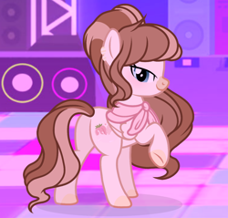 Size: 1278x1220 | Tagged: safe, artist:cstrawberrymilk, derpibooru import, oc, oc only, oc:strawberry milk, pegasus, pony, bangs, blushing, brown mane, brown tail, butt, club, coat markings, colored hooves, colored muzzle, cream coat, cream hooves, dance floor, ear piercing, earring, eyelashes, facial markings, female, folded wings, hooves, indoors, jewelry, lidded eyes, looking at you, mare, neckerchief, piercing, plot, ponytail, screencap background, smiling, smiling at you, snip (coat marking), solo, tail, two toned mane, two toned tail, wavy mane, wavy tail, wings