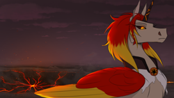 Size: 1280x720 | Tagged: safe, artist:witherslayer73, derpibooru import, oc, oc only, oc:ayzat, alicorn, pony, alicorn oc, alternate universe, cloud, glowing, glowing eyes, horn, infinite eclipse, lava, solo, wasteland, wings