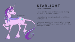 Size: 2631x1493 | Tagged: safe, artist:witherslayer73, derpibooru import, starlight glimmer, pony, unicorn, g4, alternate universe, cape, clothes, horn, implied death, infinite eclipse, solo, story included, text, trixie's cape